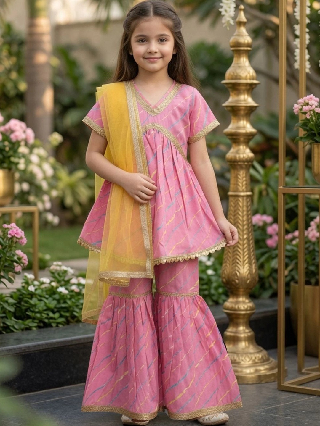 Cutiekins Girls Leheriya Printed Angrakha Gotta Patti Kurta with Sharara & With Dupatta