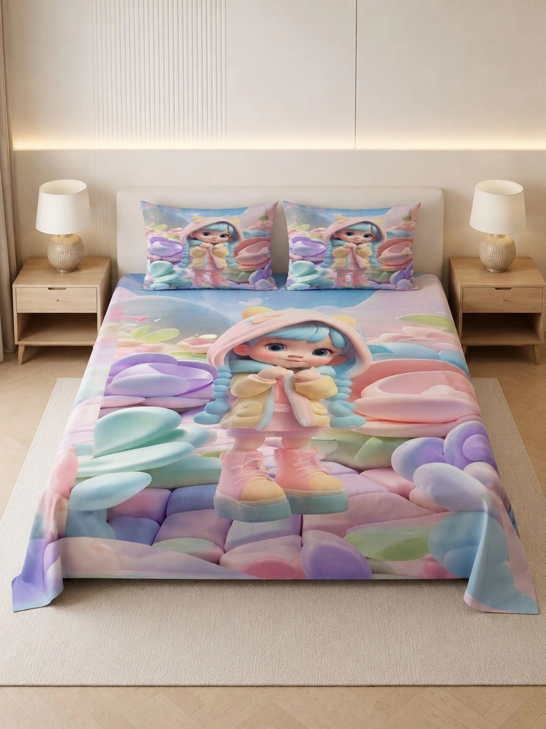 VAIKUNTH HOME Blue & Pink Cartoon Characters 250 TC Bedsheet with 2 Pillow Covers