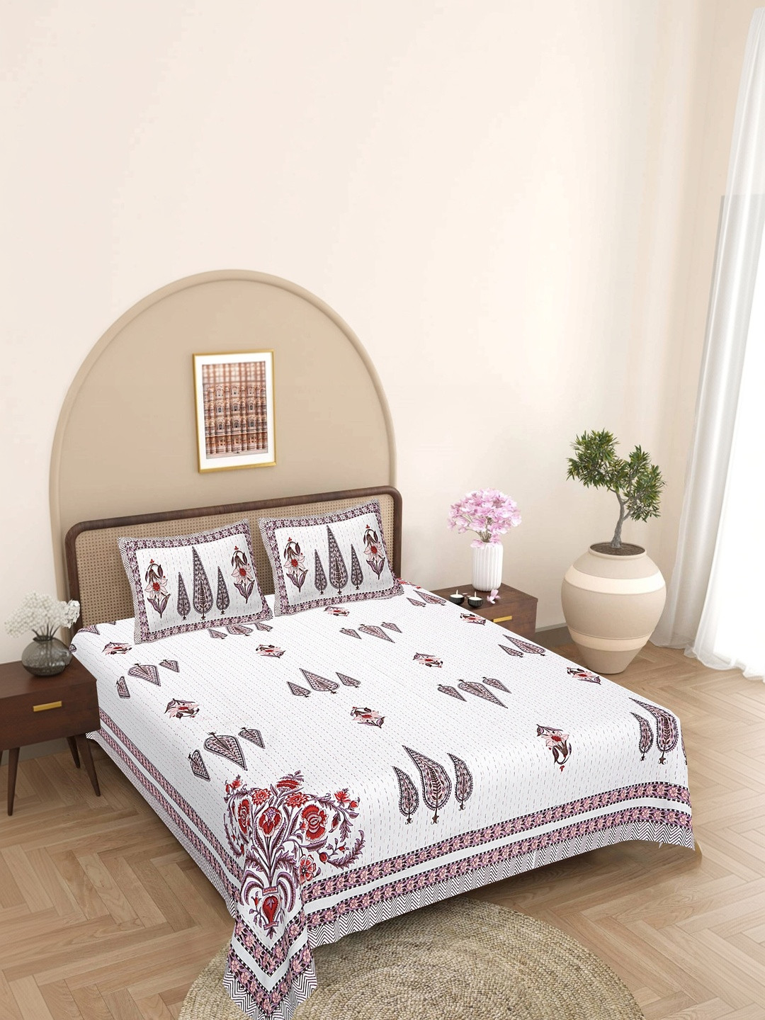 FrionKandy Living White & Pink Floral 180 TC Bedsheet with 2 Pillow Covers