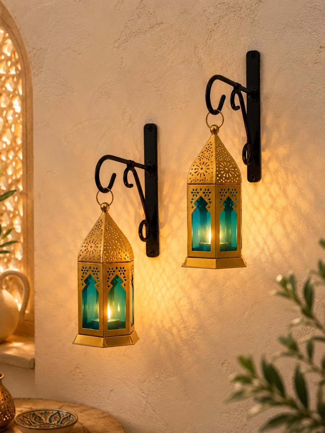 Homesake Set of 2 Blue Antique Brass Finish Moroccan Lantern Candle Holder With Wall Hook