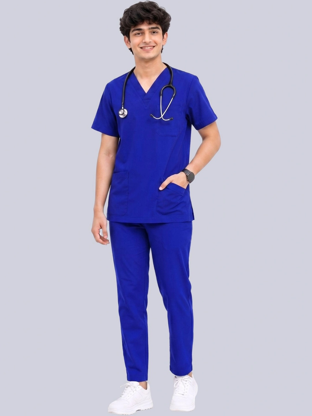 MAFATLAL Unisex Blue Solid Cotton 5-Pocket Scrub Set