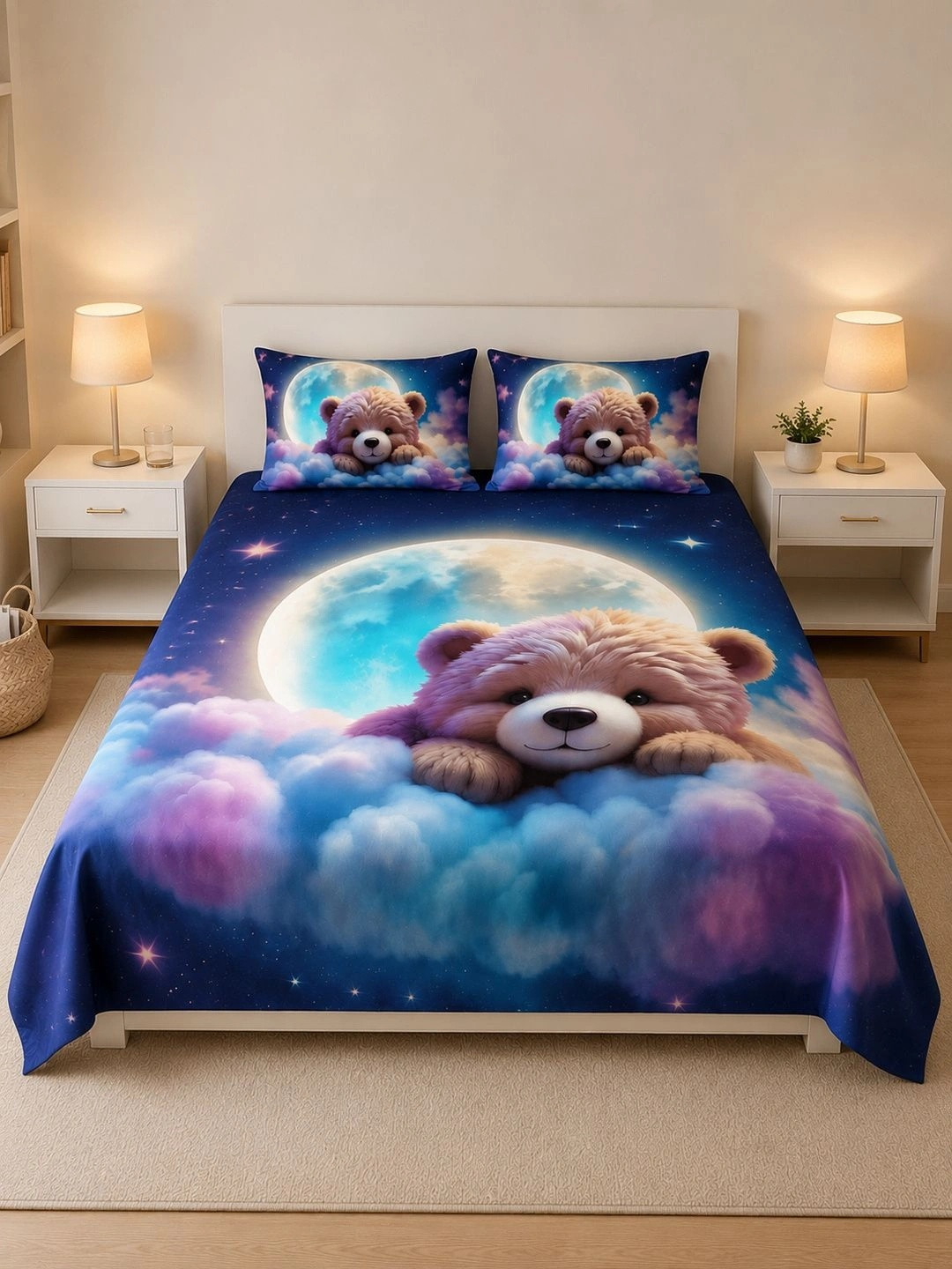 VAIKUNTH HOME Blue & Pink Cartoon Characters 250 TC Bedsheet with 2 Pillow Covers
