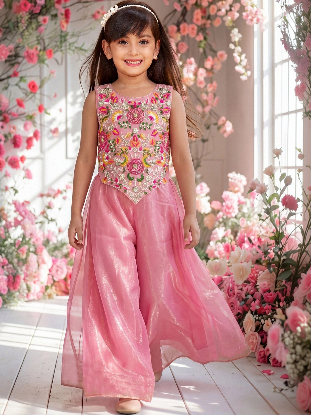 SPANGEL FASHION Girls Floral Embroidered Regular Thread Work Kurta with Palazzos