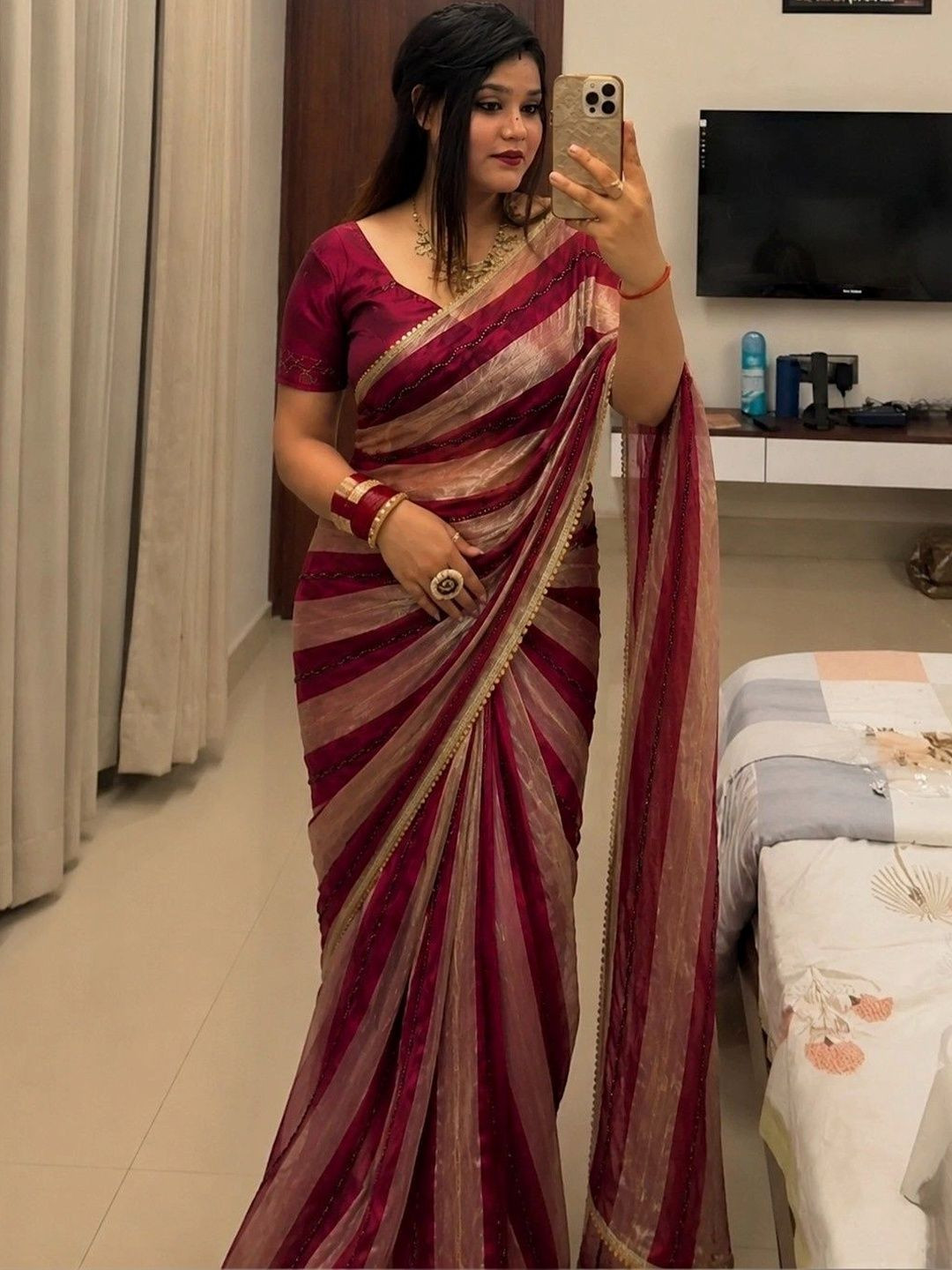 GMIYA Striped Zari Tissue Designer Saree