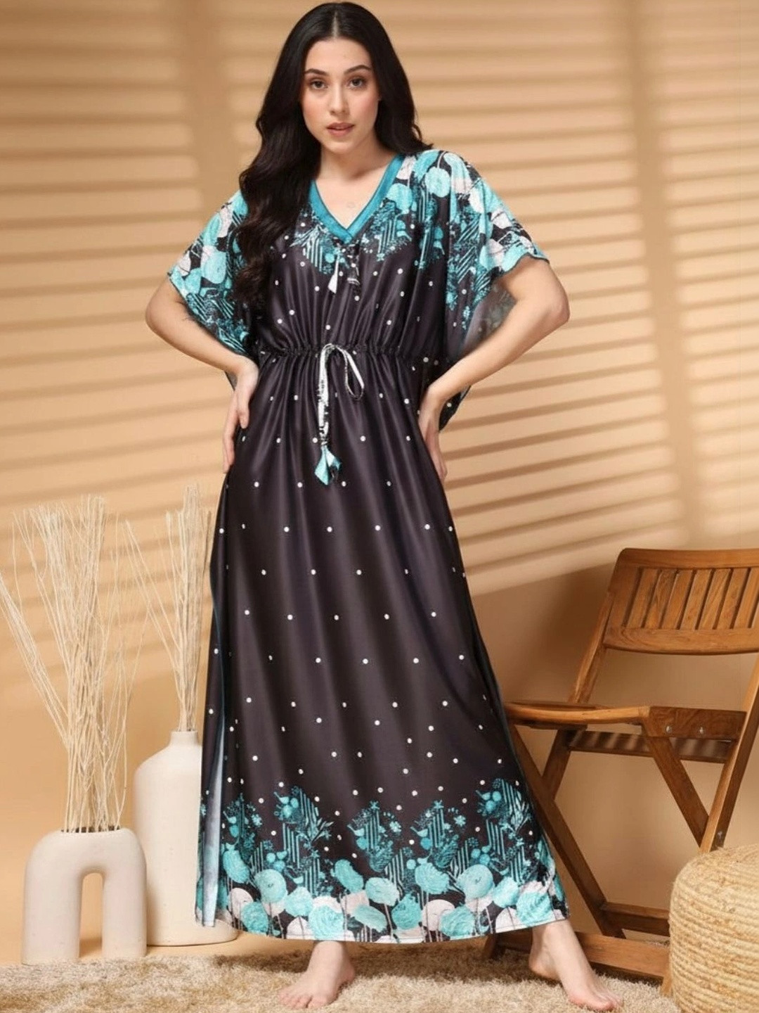 FABINALIV Women Blue & Black Floral Graphic Printed V-Neck Kaftan Nightdress