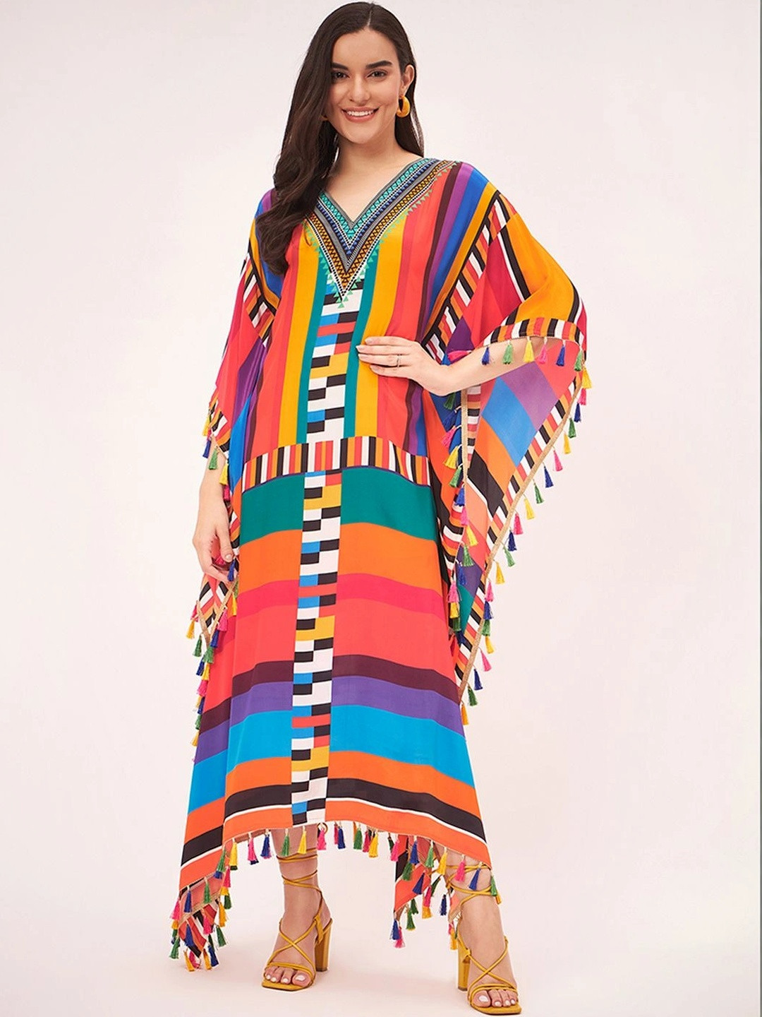 First Resort by Ramola Bachchan Geometric Printed Crepe Kaftan Maxi Dress