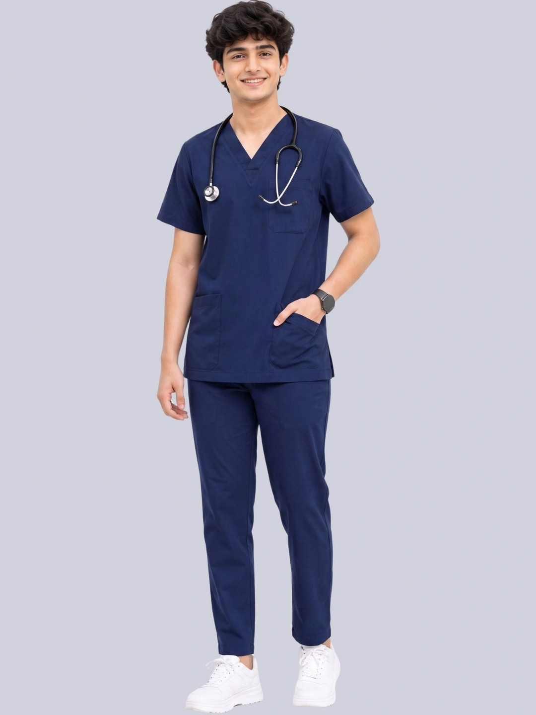 MAFATLAL Unisex Navy Blue Solid Cotton 5-Pocket Scrub Set