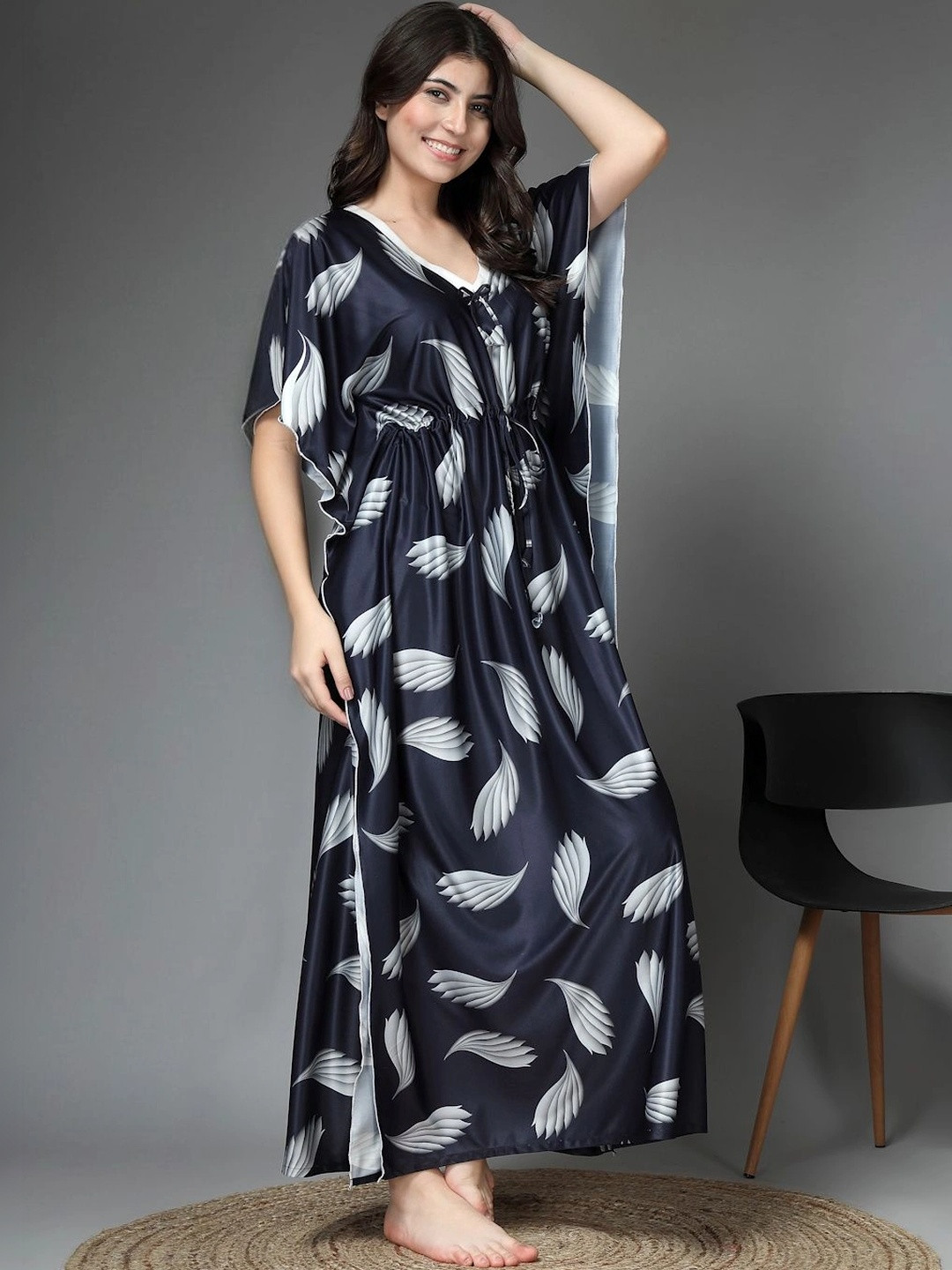 FABINALIV Women Navy Blue Floral Graphic Printed V-Neck Kaftan Nighty