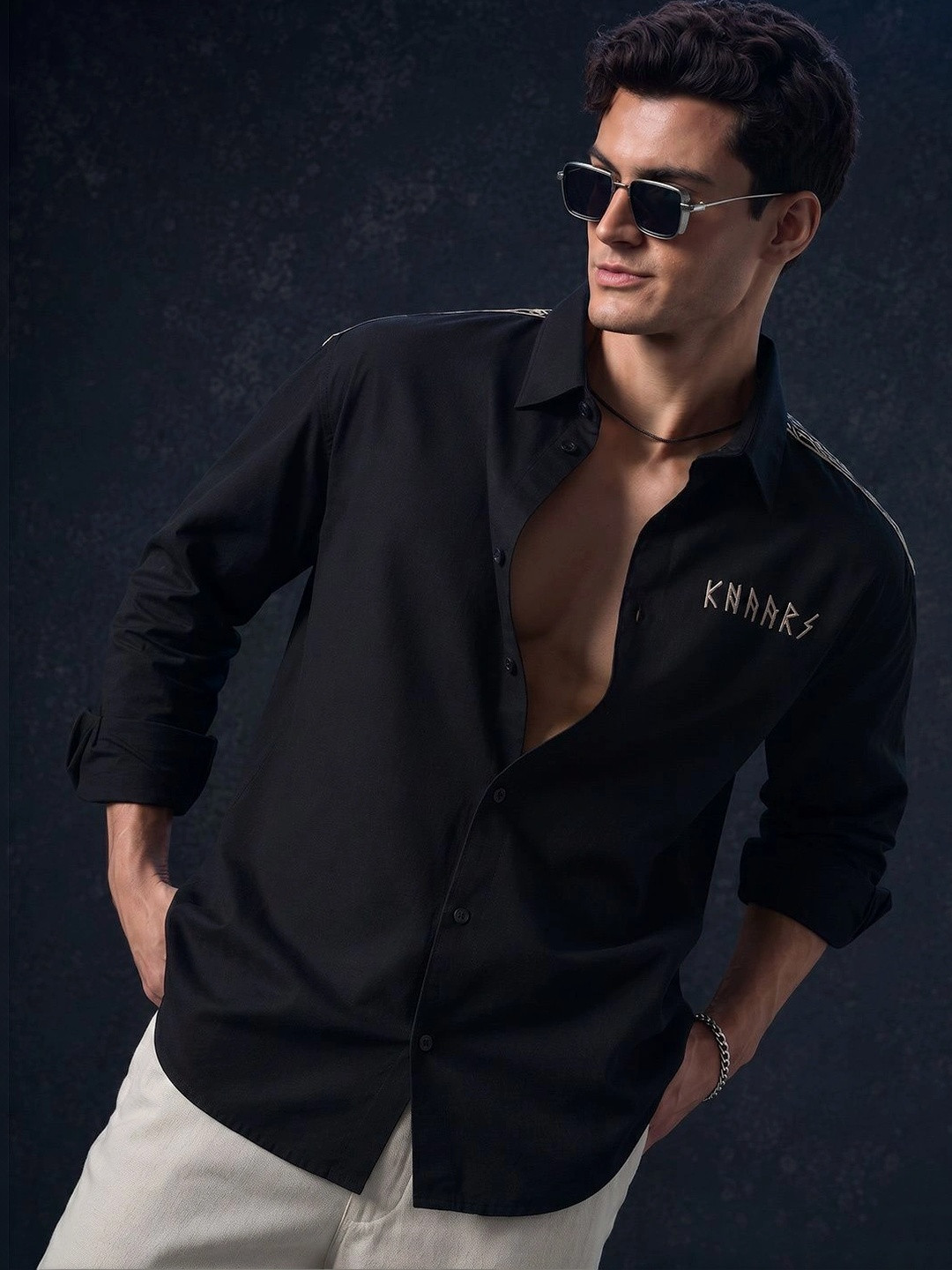 The Souled Store Mens Embroidered Black Relaxed Shirts