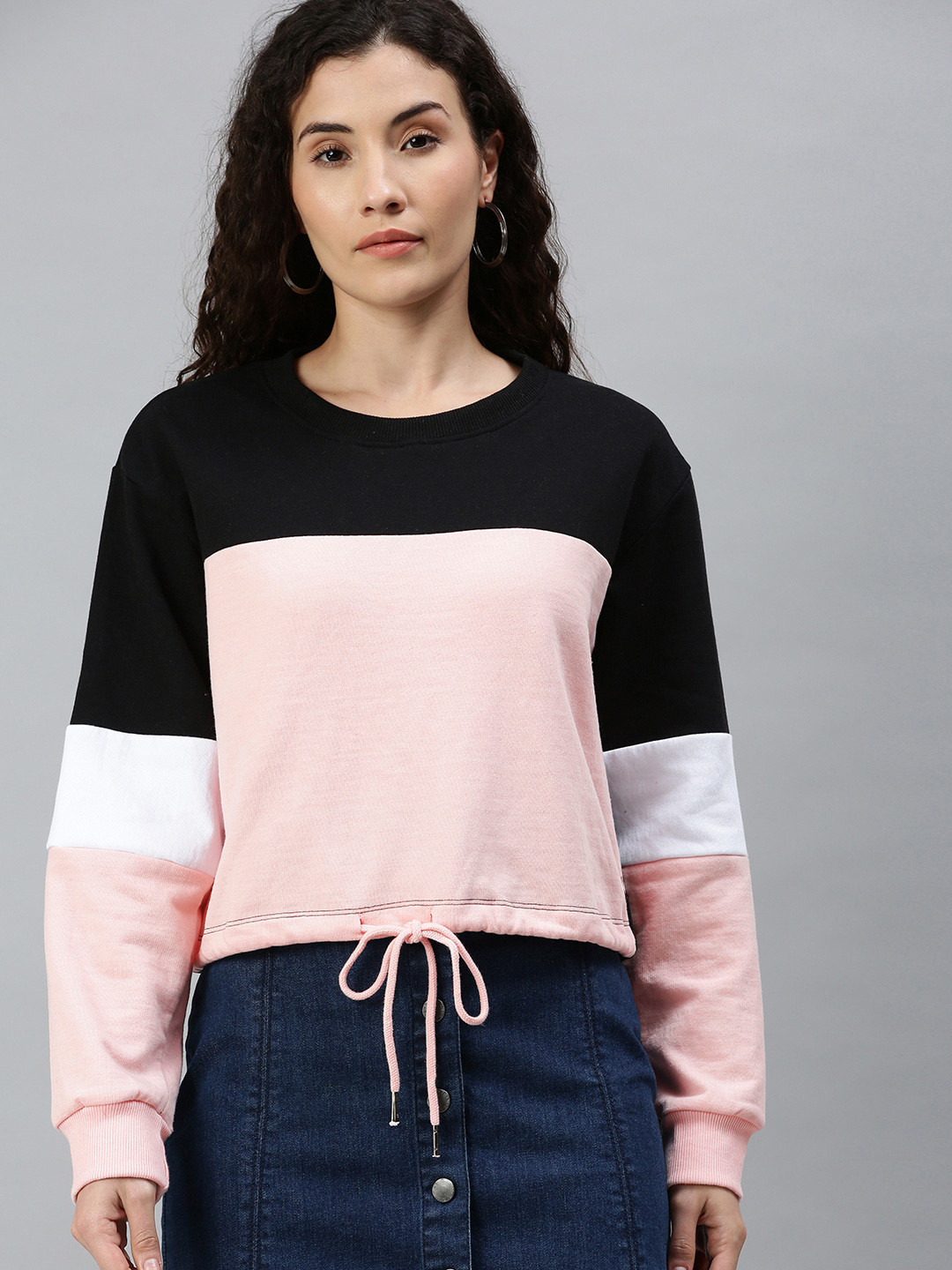PINACOLADA Women Black & Pink Colourblocked Hem Tie-Up Detail Pullover Sweatshirt
