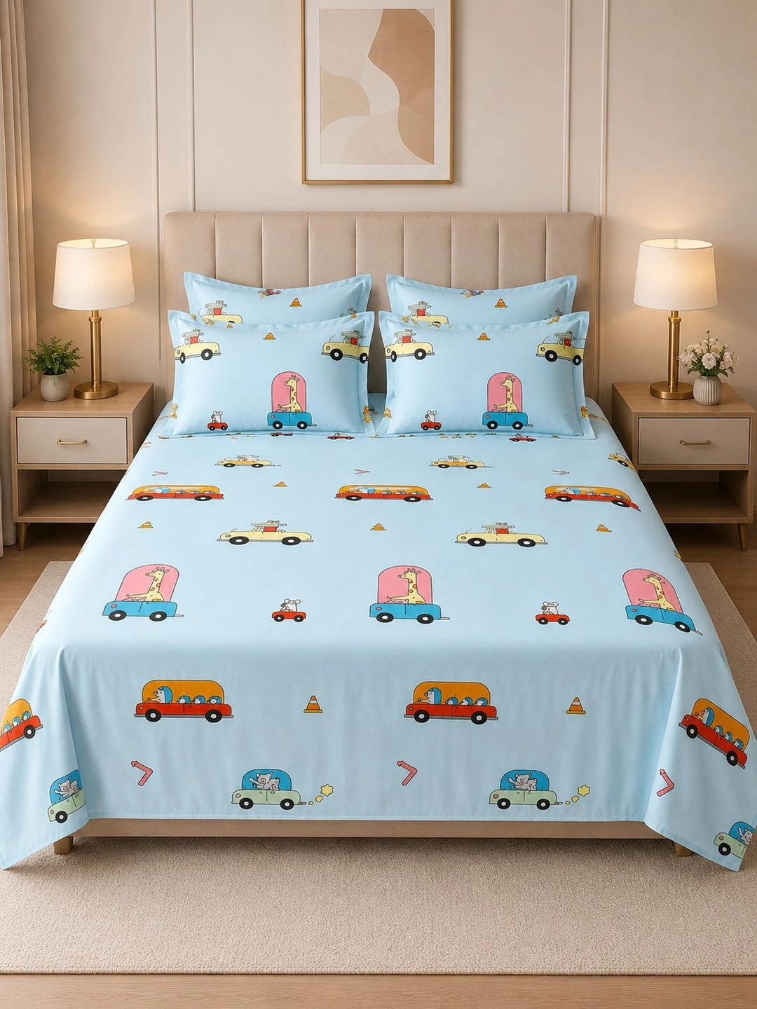VAIKUNTH HOME Blue & Multicoloured Cartoon Characters 250 TC Bedsheet with 2 Pillow Covers