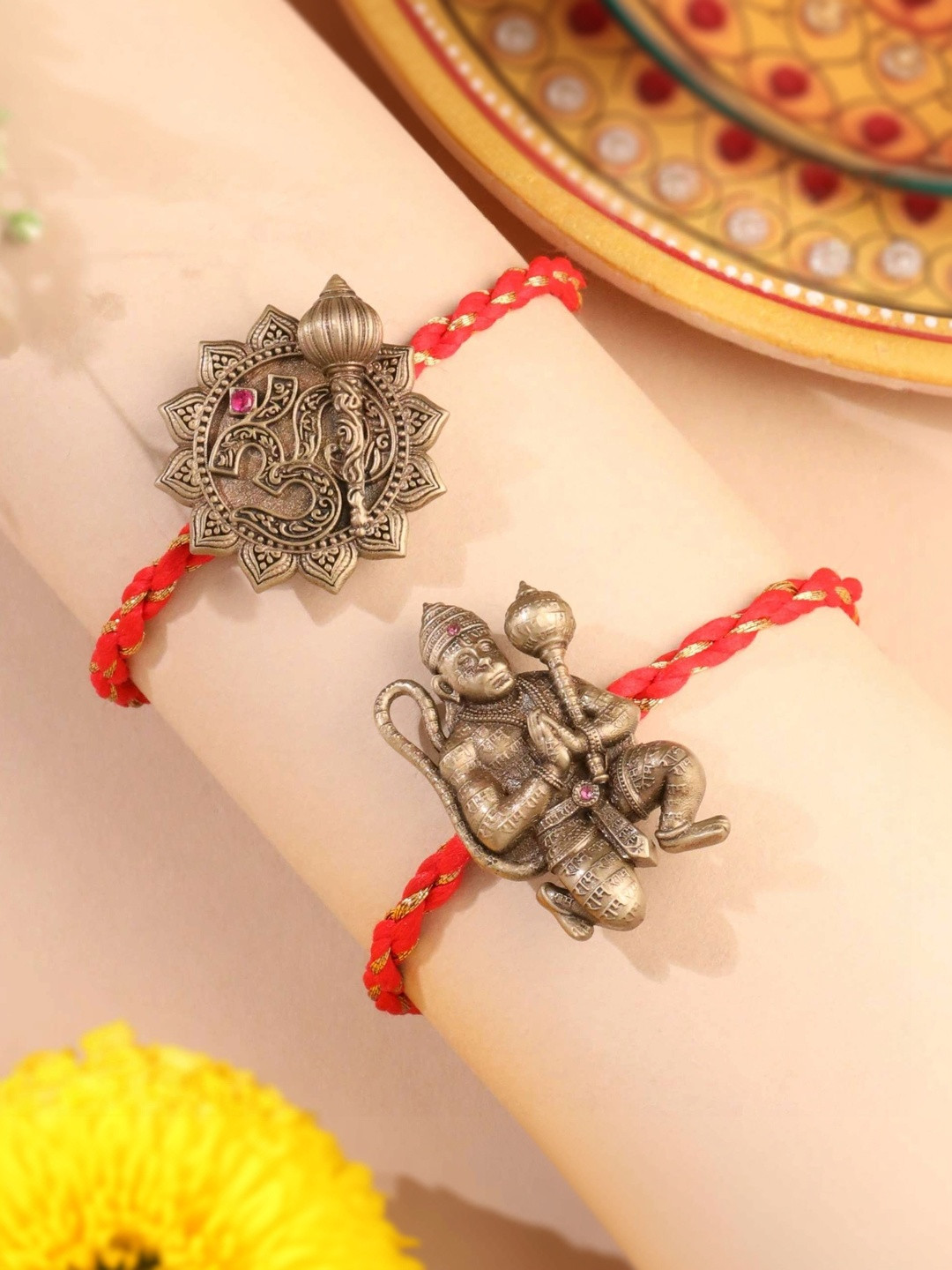 COSA NOSTRAA Hanuman Ji and Om Set of 2 Divine Convertible Button Cover Rakhi for Brother