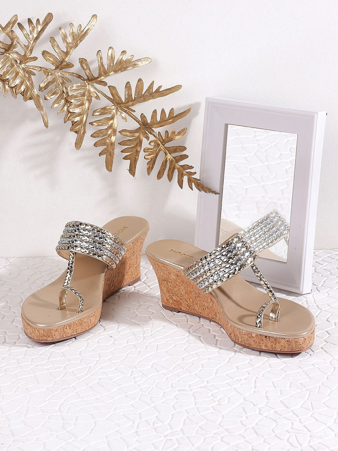 Mochi Women Gold-Toned Embellished T- Strap Wedge