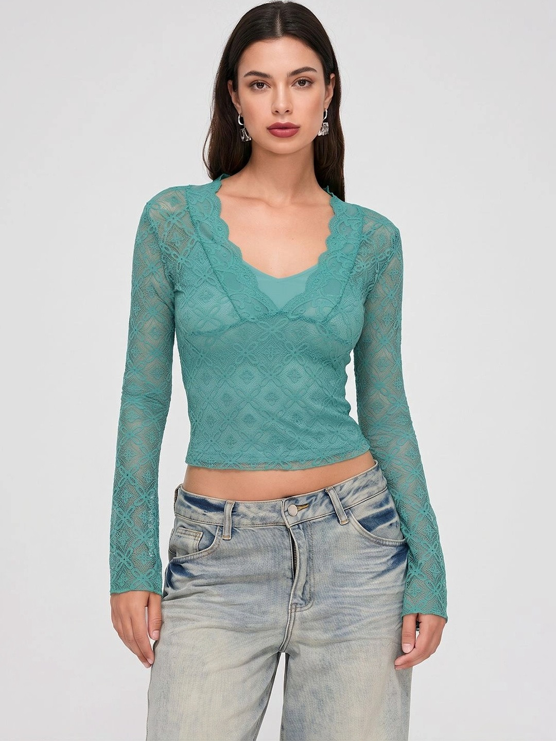 ATELIER REBEL Geometric Print Sheer Crop Top