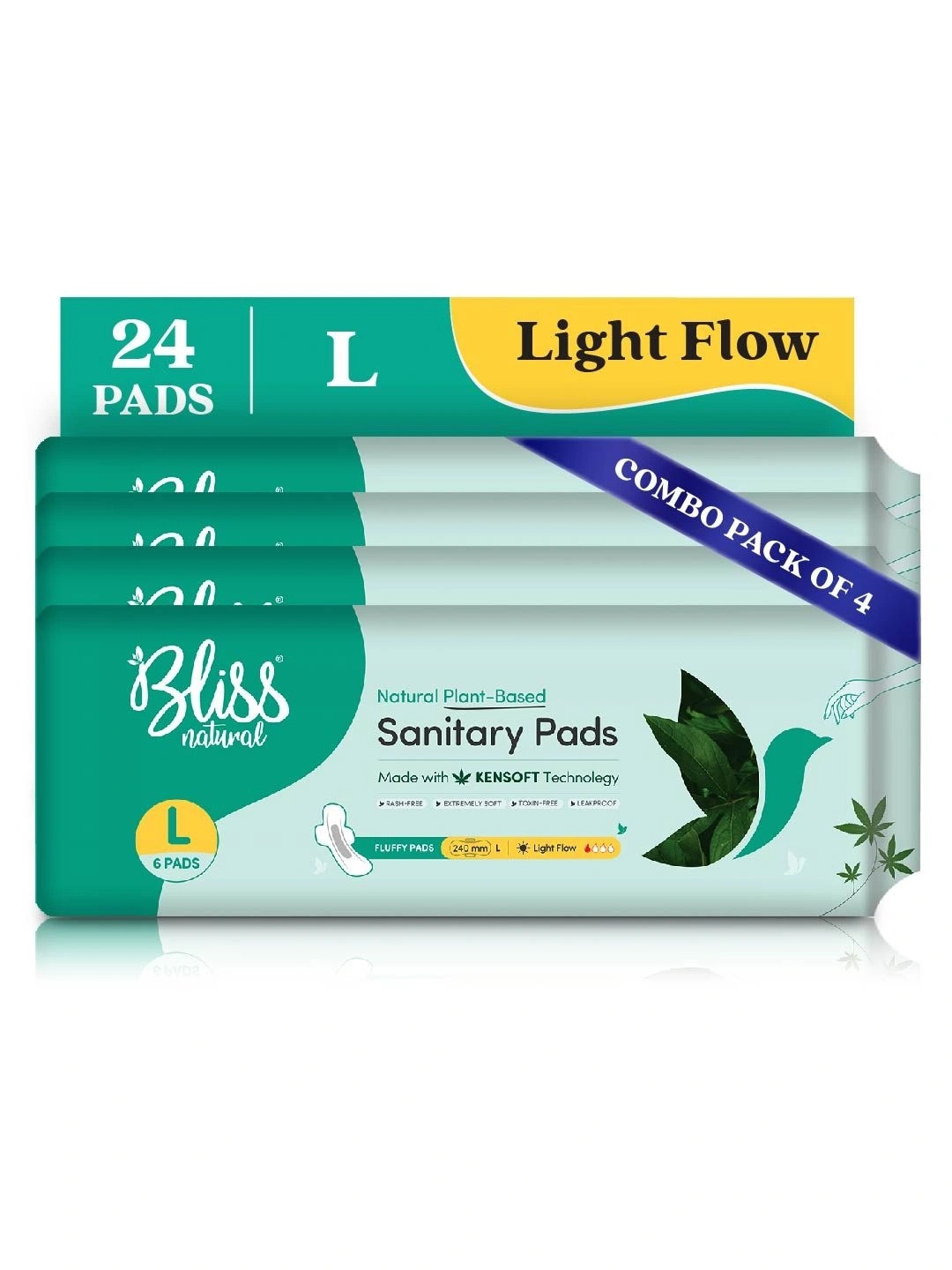 BLISSNATURAL Set of 4 Natural Plant Based Light Flow L Size Sanitary Pads - 6 Napkins Each