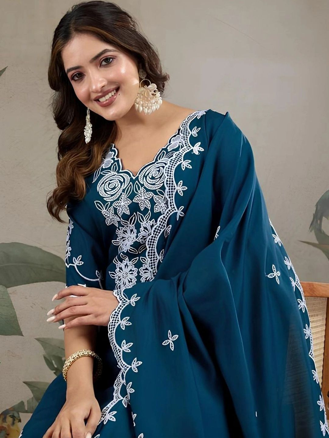 KALINI Women Floral Embroidered Regular Thread Work Kurta with Trousers & With Dupatta