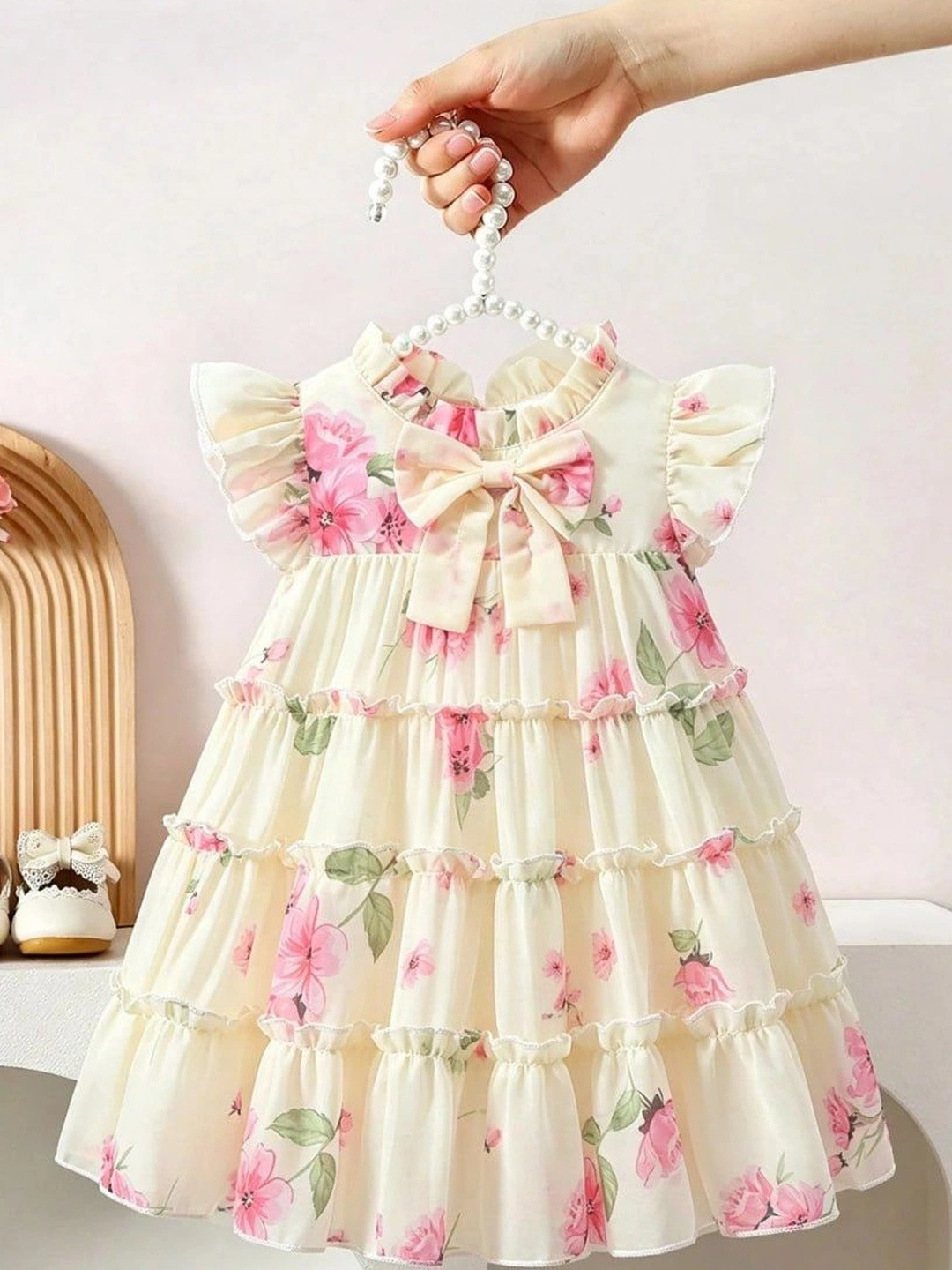 Pixel Punk Floral Print Flutter Sleeve Ruffled A-Line Dress
