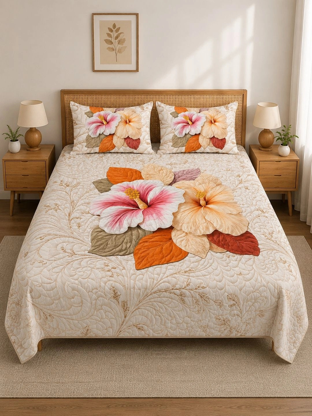 VAIKUNTH HOME Beige & Orange Floral 250 TC Bedsheet with 2 Pillow Covers