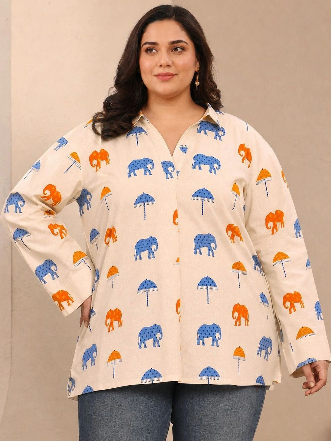 EXTRA LOVE BY LIBAS Plus Size Off White Humanoid Printed Cotton Straight Short Kurti