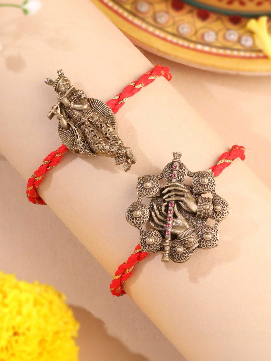 COSA NOSTRAA Lord Krishna Flute & Murli Set of 2 Convertible Button Cover Rakhi