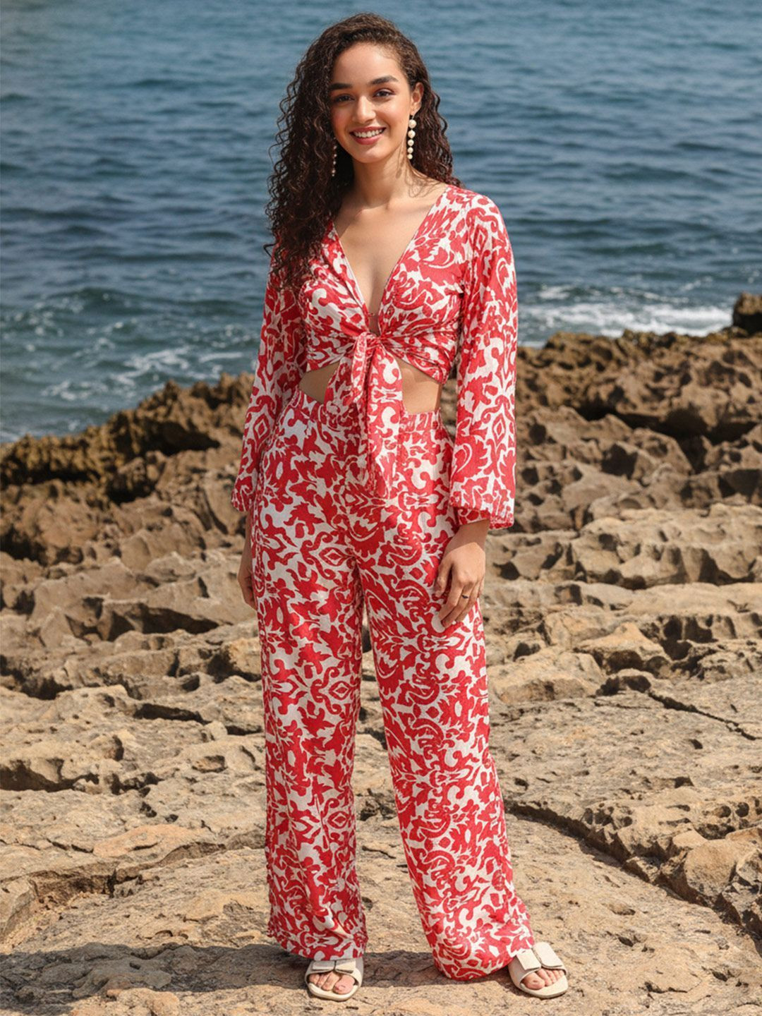Aoba Red Floral Printed Long Sleeves Top & Trousers Co-ord Set
