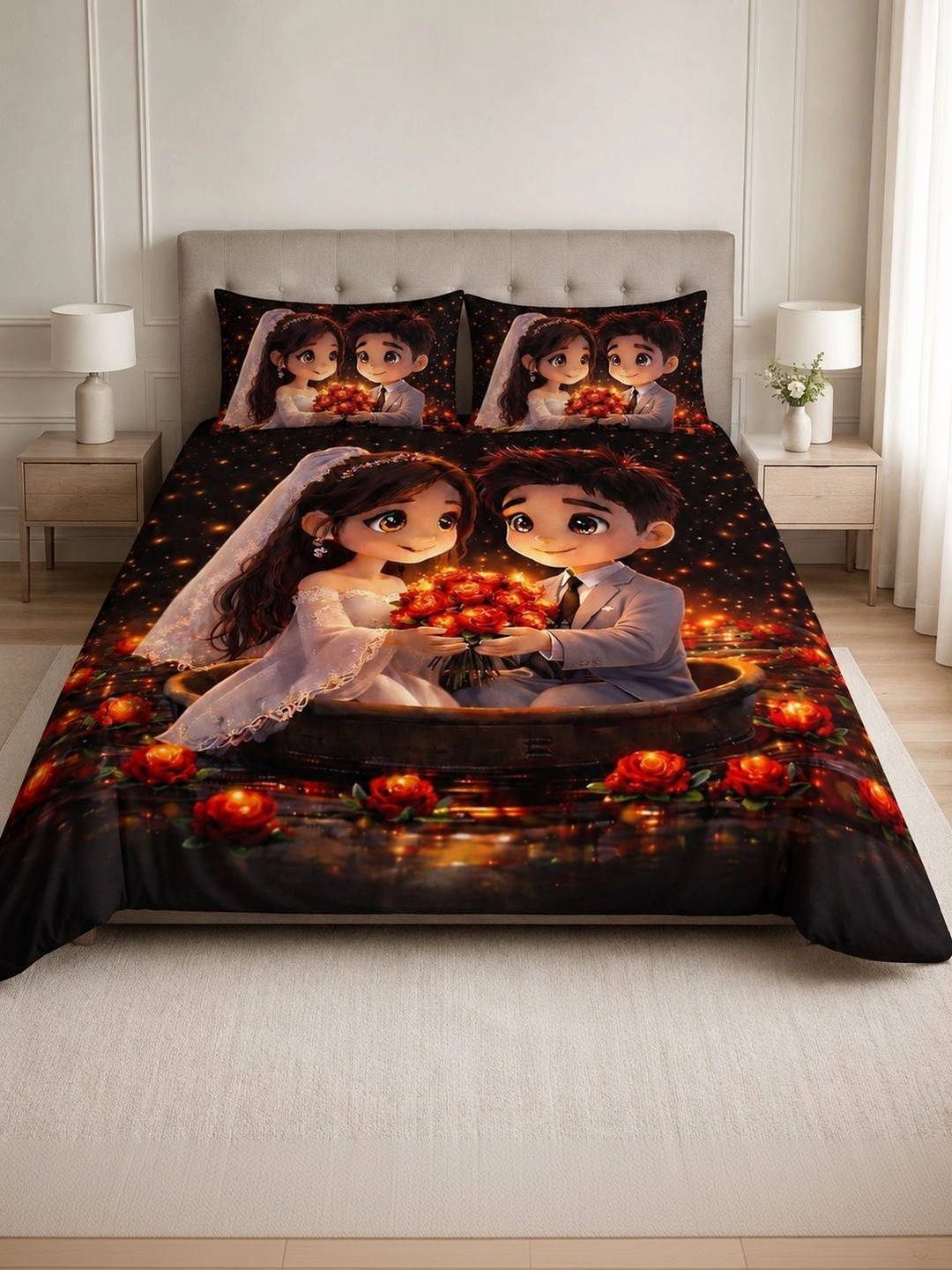 VAIKUNTH HOME Black & Red Cartoon Characters 250 TC Bedsheet with 2 Pillow Covers