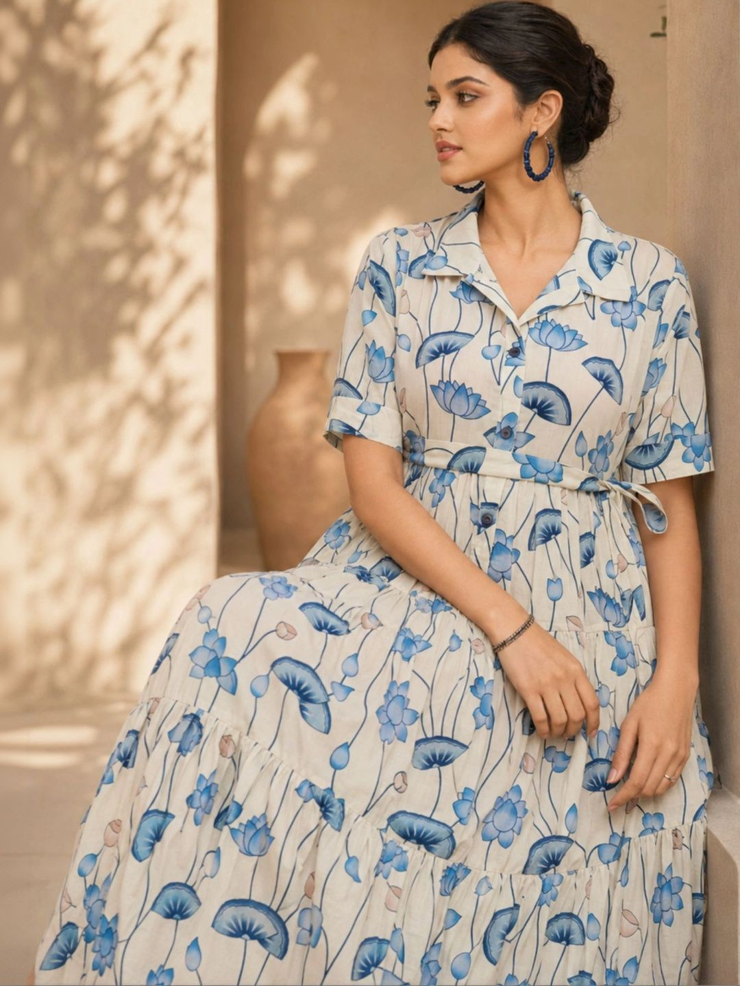 YUVITY Floral Print A-Line Midi Dress