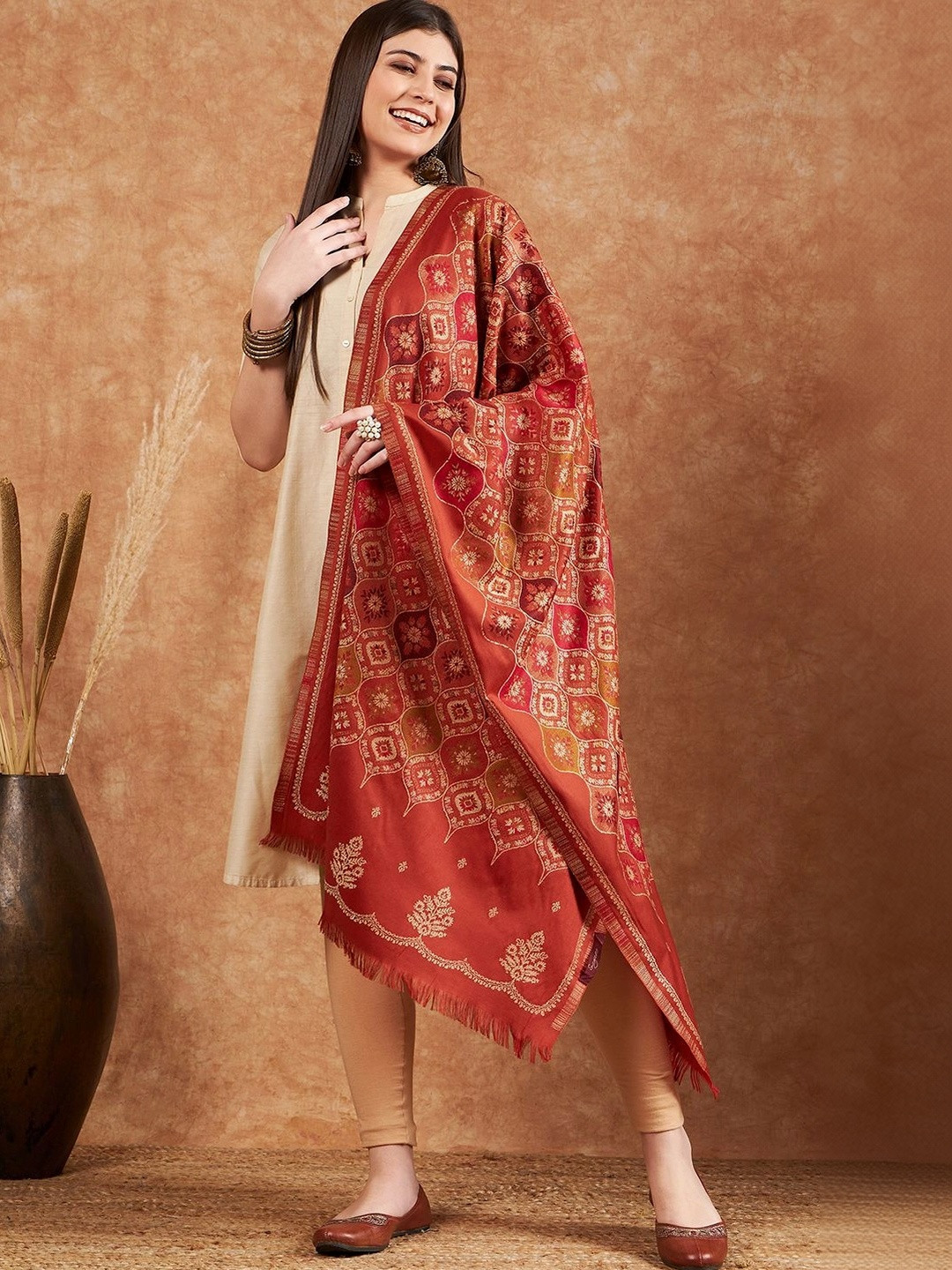 Sangria Rust Floral Ethnic Woven Design Winter Pashmina Stole