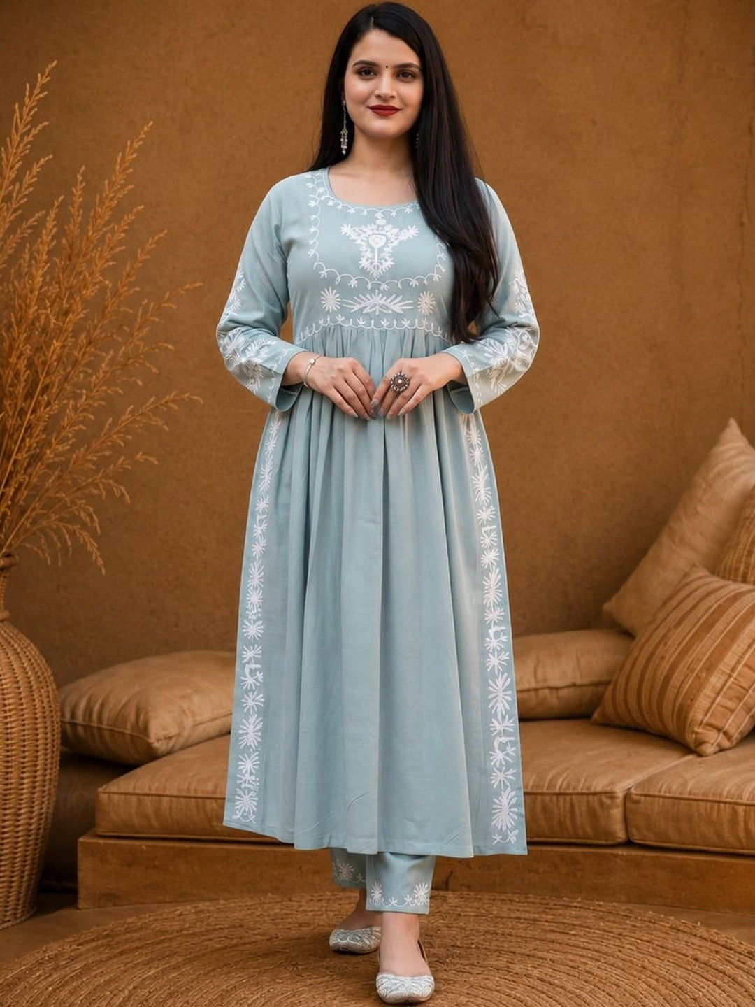 Anouk Rustic Women Ethnic Motifs Embroidered Empire Thread Work Kurta with Trousers