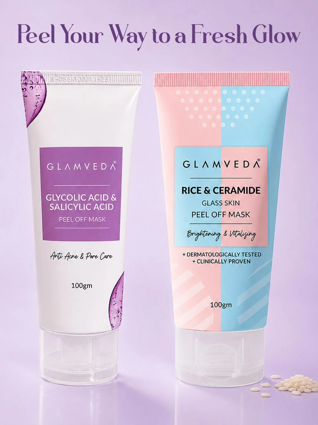 GLAMVEDA Pack of 2 Rice & Ceramide and Glycolic Peel Off Mask 100 g Each