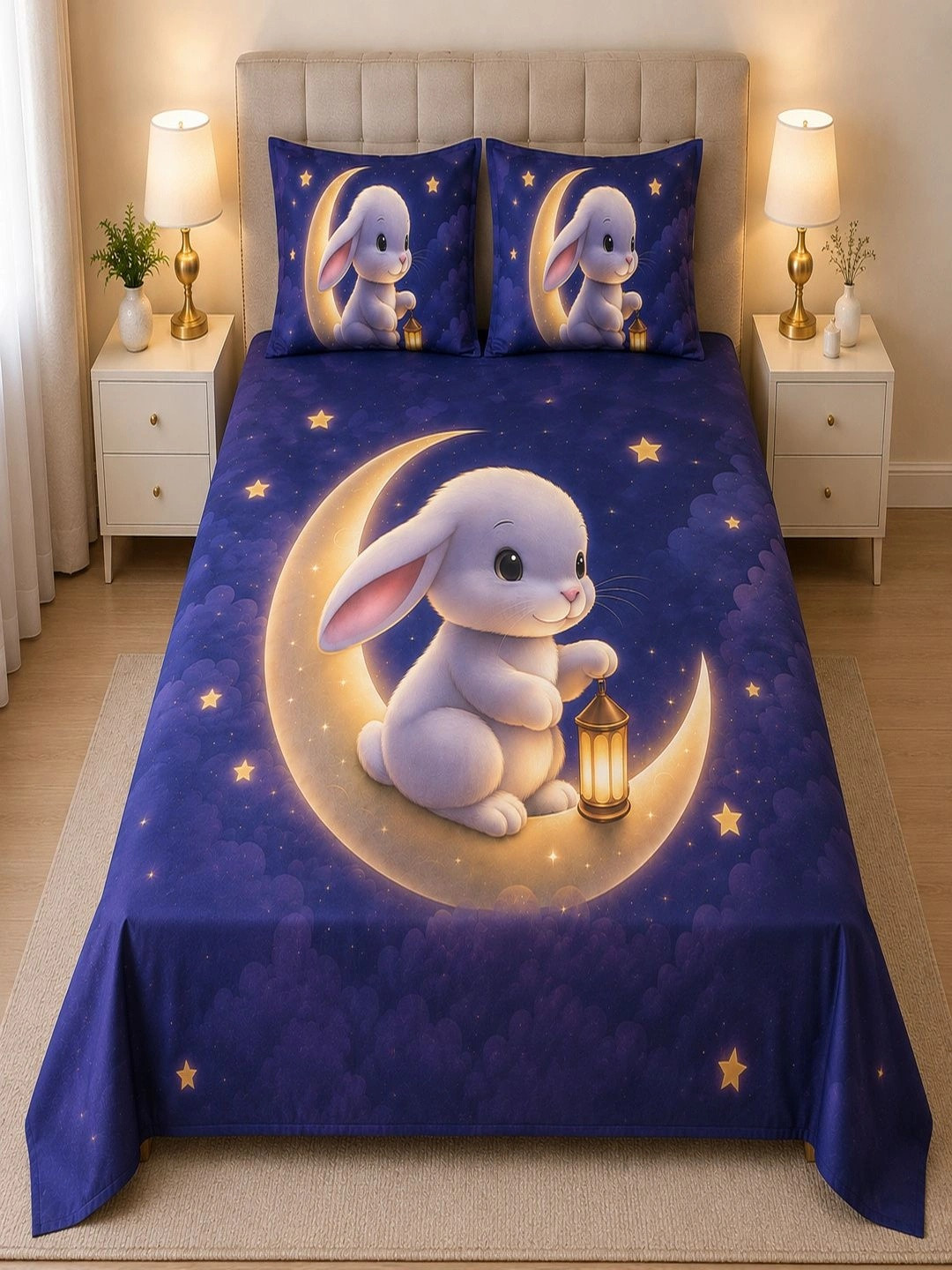 VAIKUNTH HOME Blue & Navy Blue Cartoon Characters 250 TC Bedsheet with 2 Pillow Covers