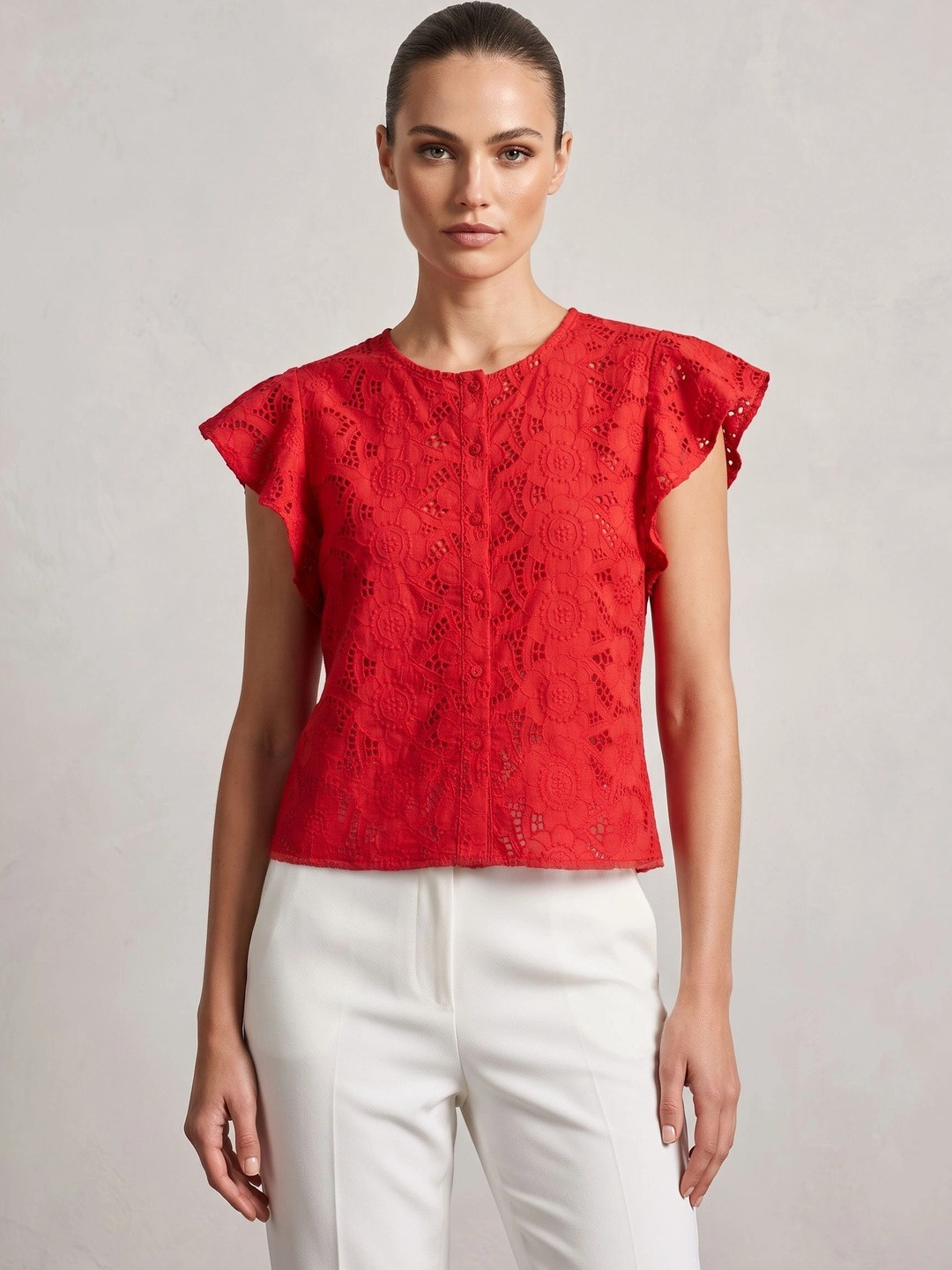 Schifley Embroidered Flutter Sleeve Cotton Schiffli Top