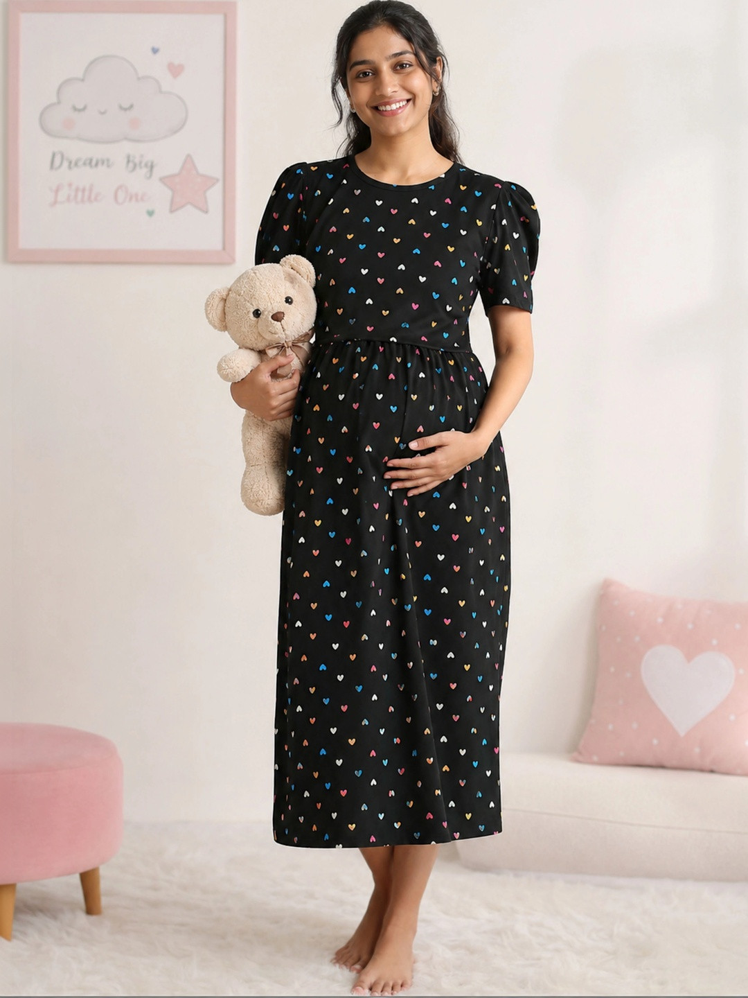 9shines Label Conversational Printed Puffed Sleeves Pure Cotton Maternity Nightdress