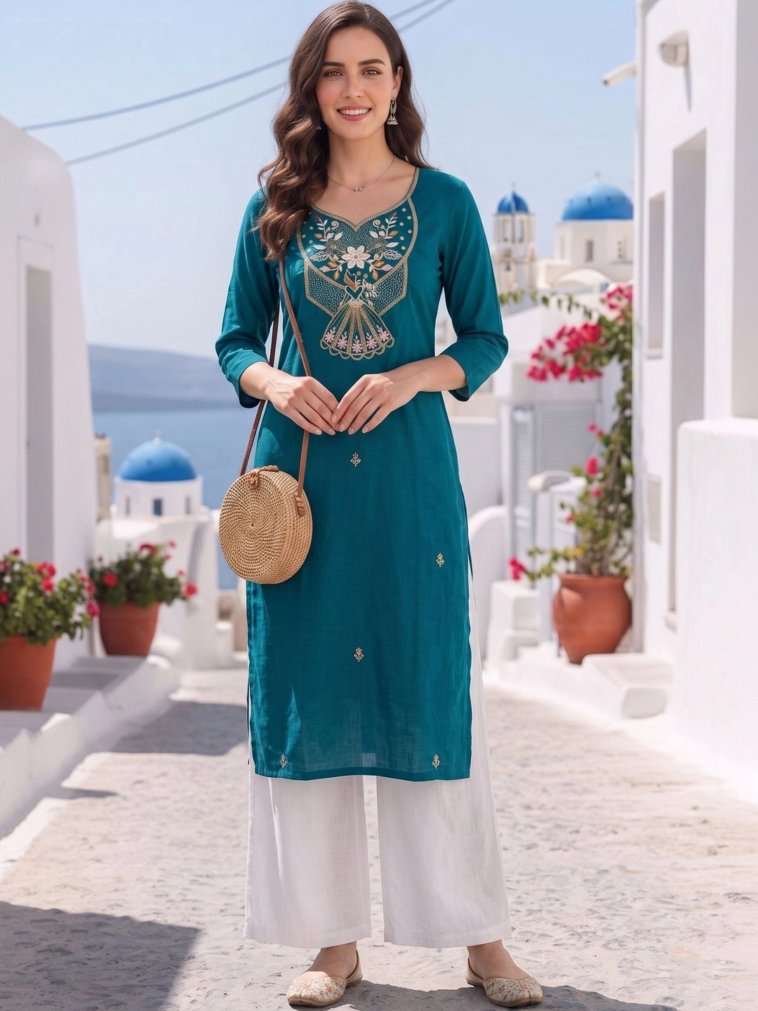 NESH CREATION Ethnic Motifs Embroidered V-Neck Thread Work Pure Cotton Thread Work Kurti