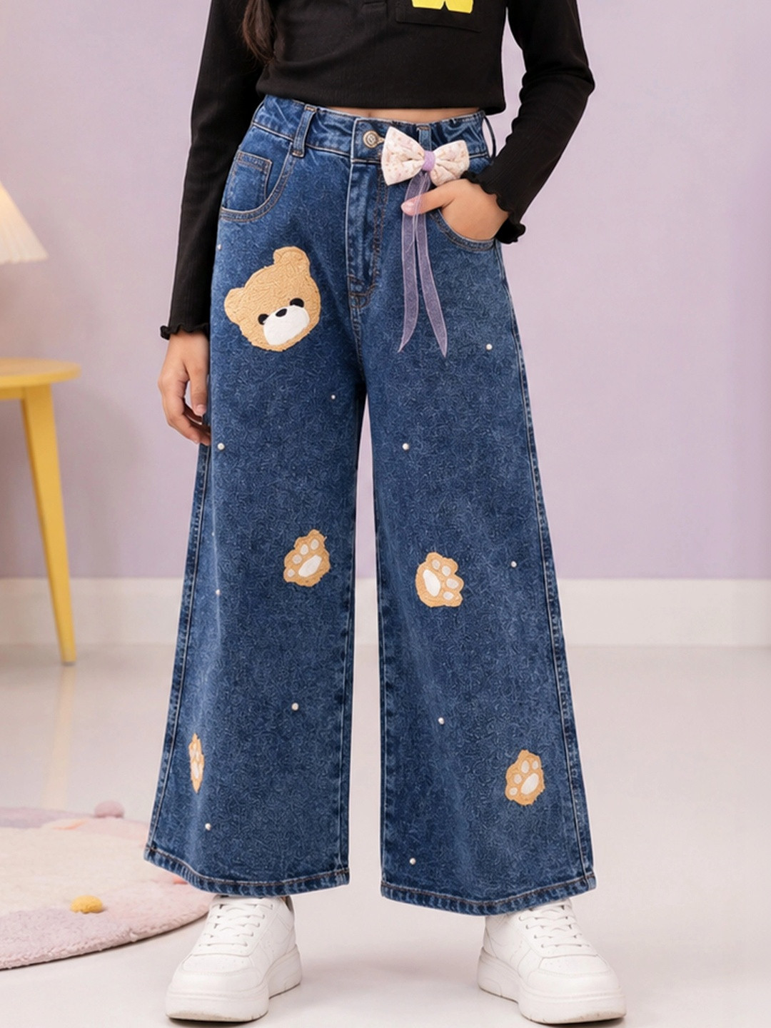 KiddoPanti Girls Mid-Rise Embellished Stretchable Jeans