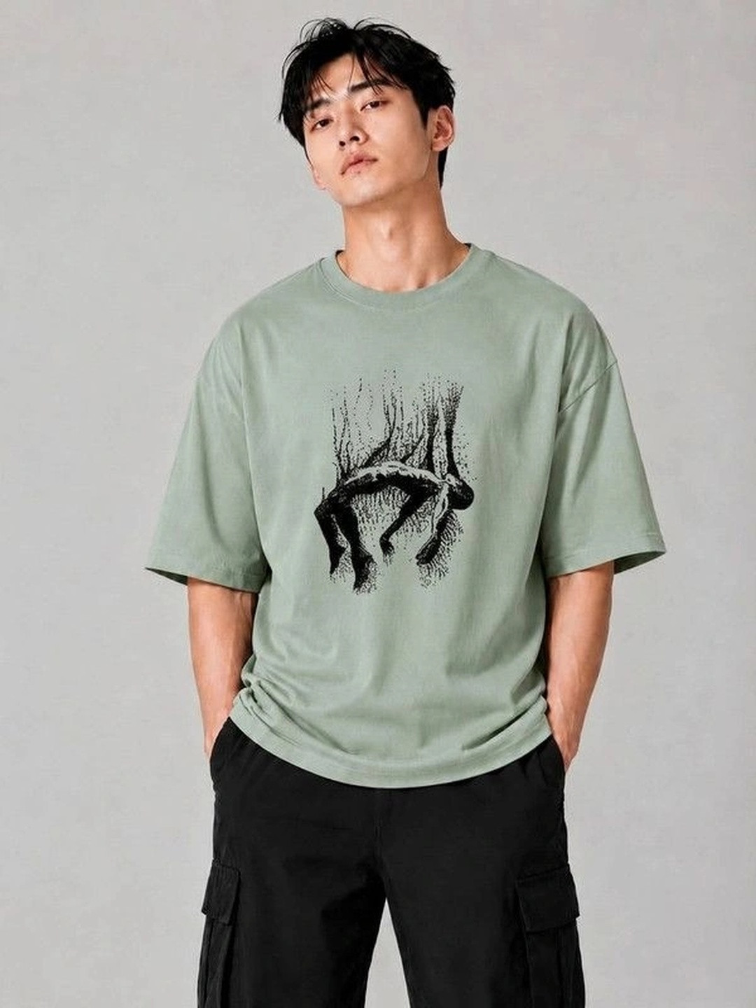 9TUNKI Men Printed Drop-Shoulder Sleeves Pure Cotton T-shirt