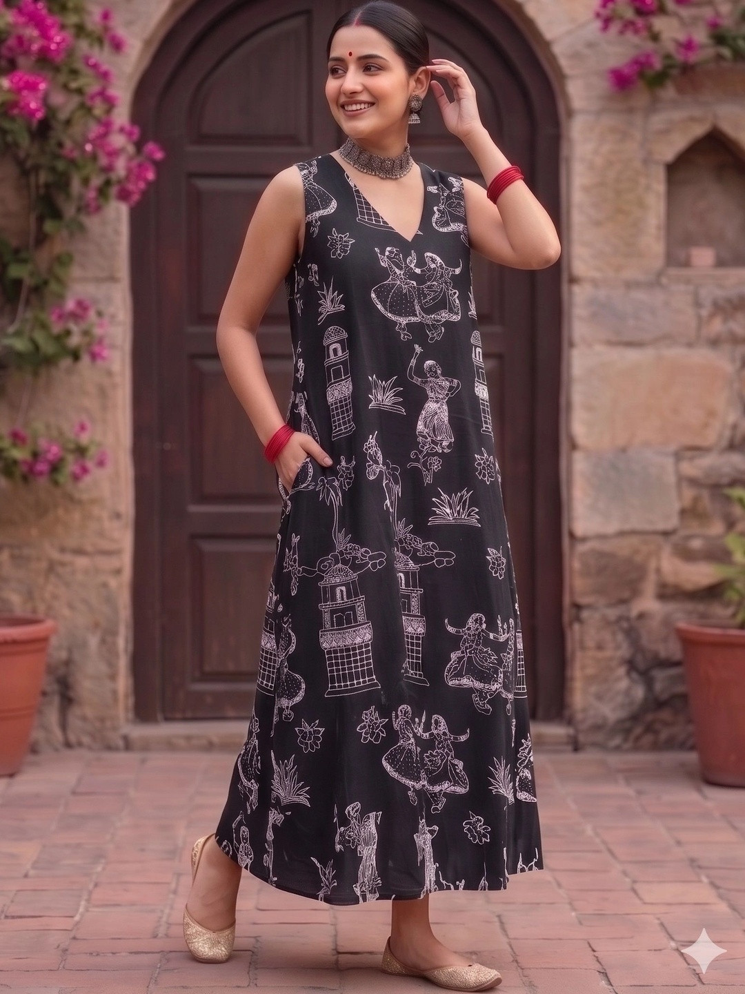 PIMU Ethnic Motifs Print A-Line Midi Dress
