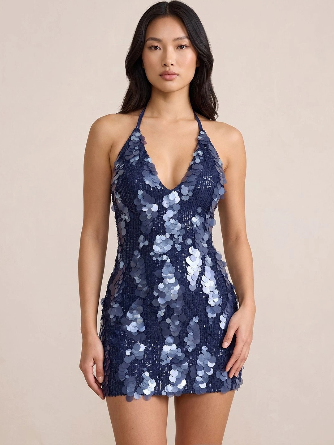 ATELIER REBEL Embellished Halter Neck Bodycon Mini Dress