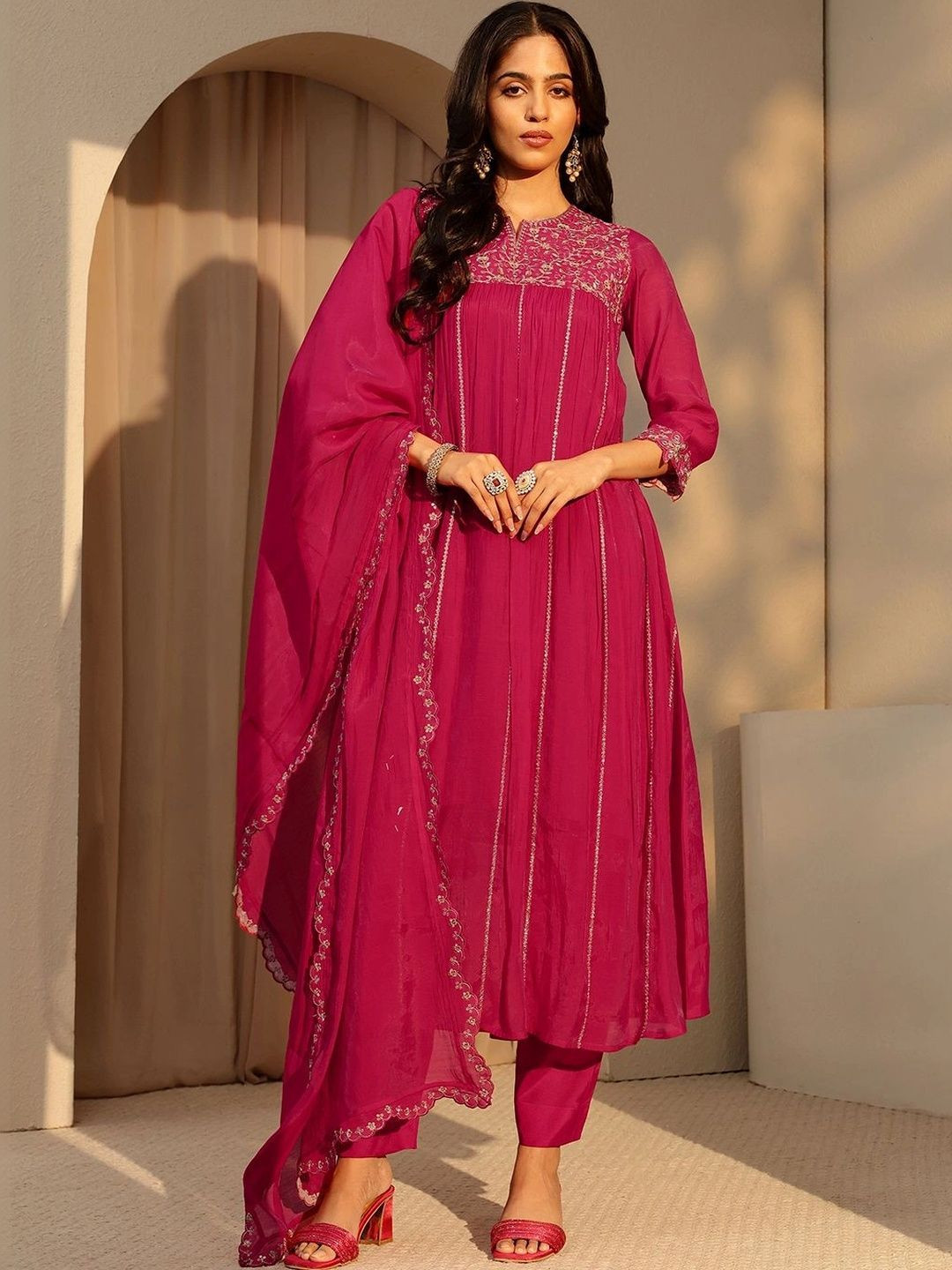 Libas Fuchsia Pink Embellished Yoke Chanderi Cotton A-Line Suit Set