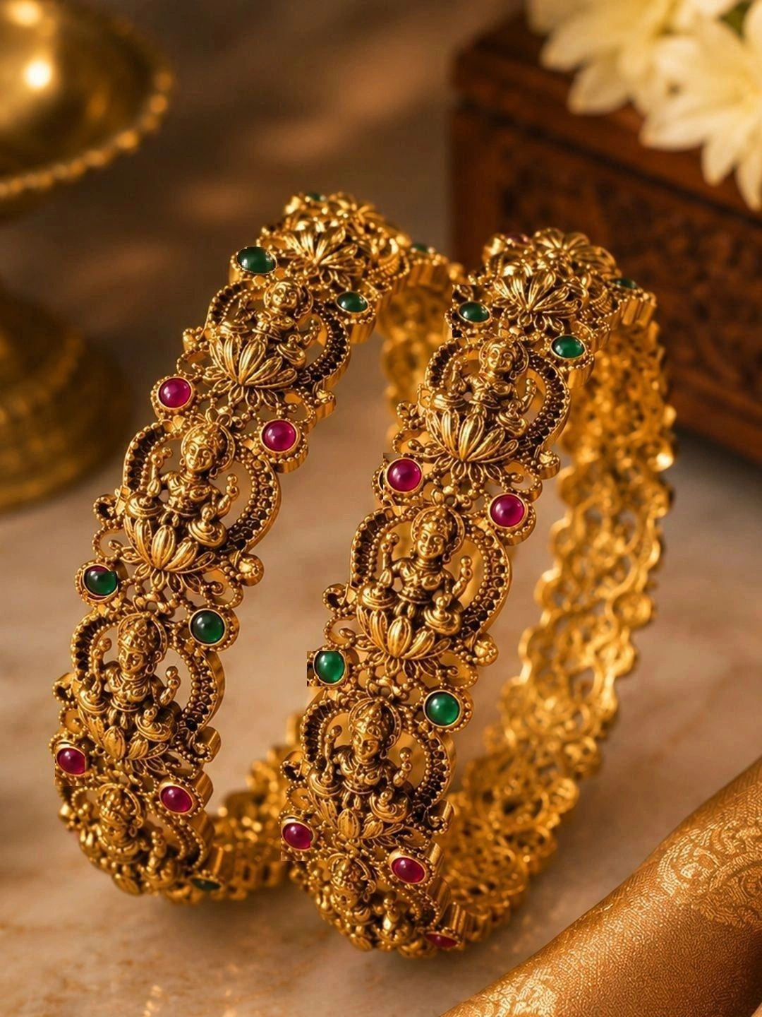 SUGARFRILL Temple Set of 2 Ruby Pink & Green Lakshmi Bangles