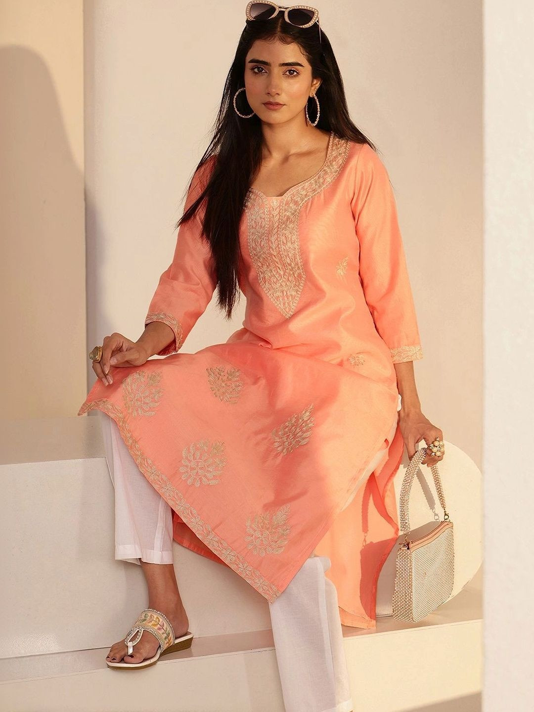 Libas Peach Floral Embroidered Silk Blend Straight Kurta