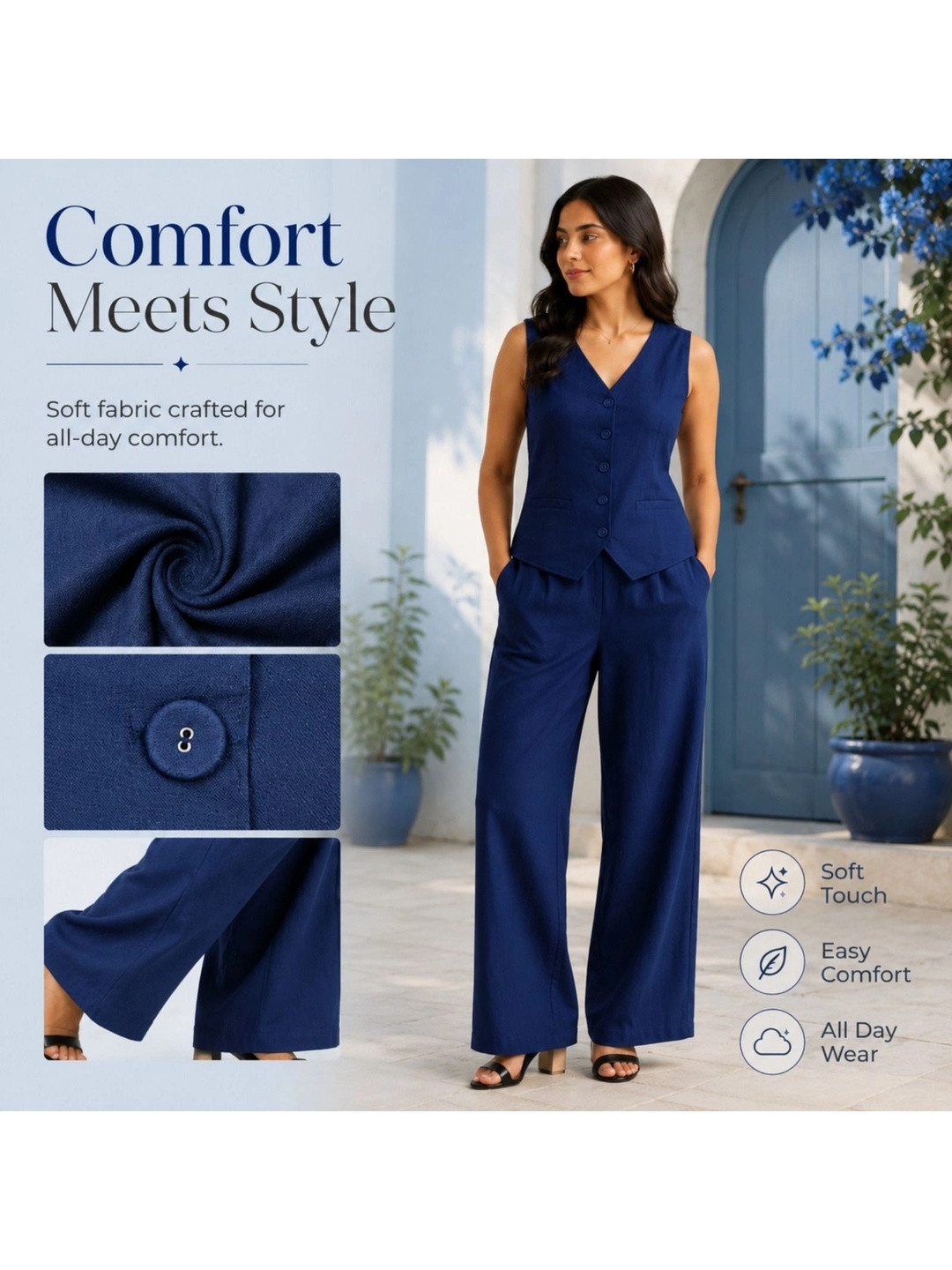 kapsmaa Creation Pure Cotton Solid Vest Top with Trousers