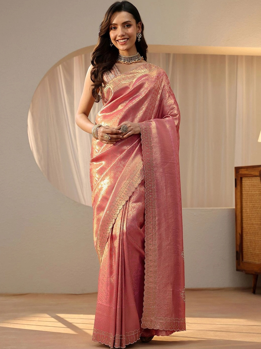 Libas Peach Ethnic Motif Silk Blend Saree