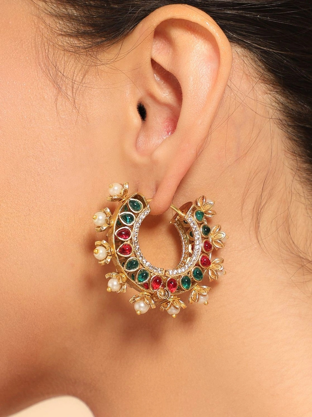 Nuyug Gold-Plated Kundan Studded Circular Shape Hoop Earrings