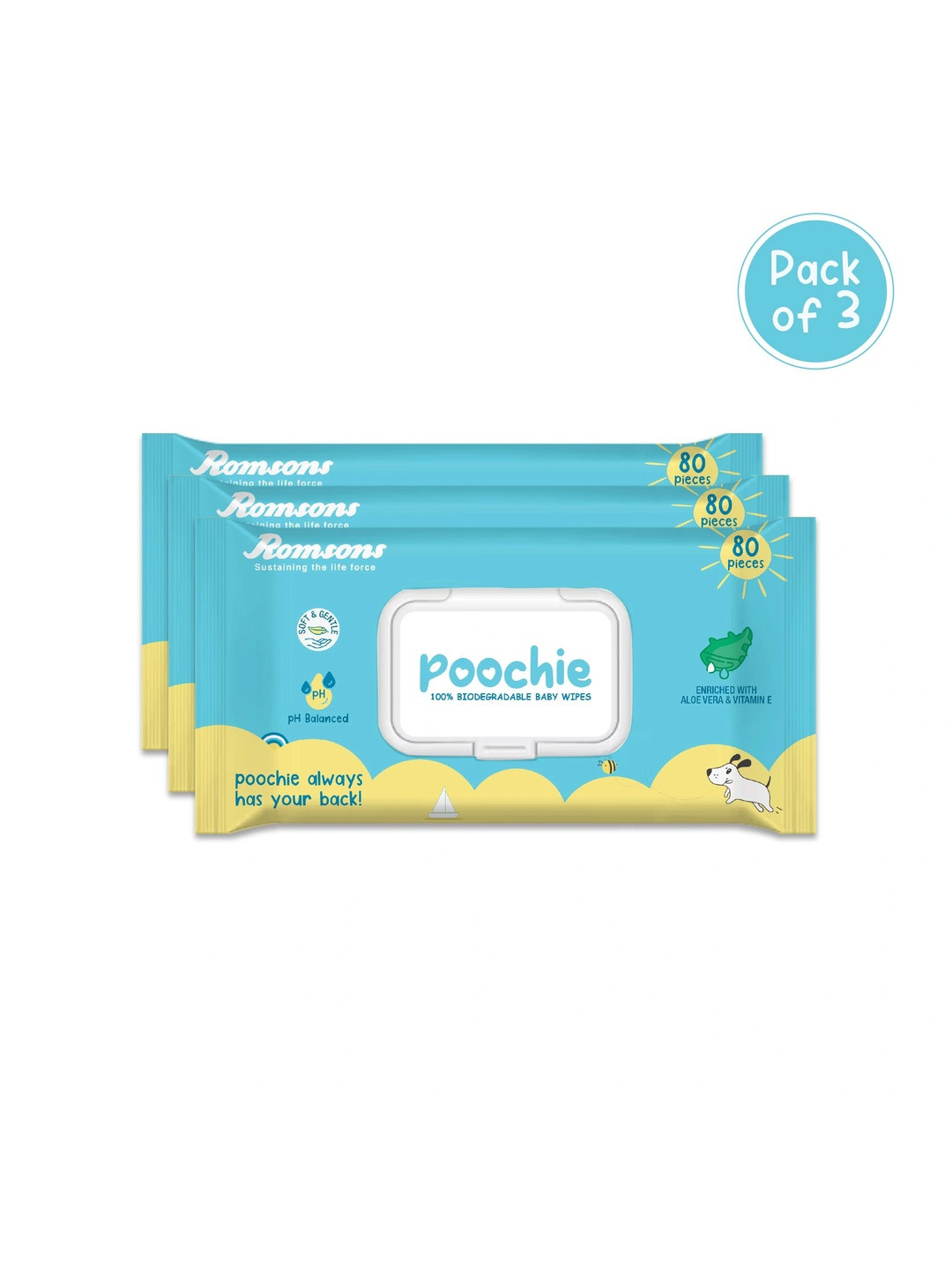 Romsons Set Of 3 Dignity Poochie 100% Biodegradable Aloe Vera Baby Wipes - 80 Wipes Each