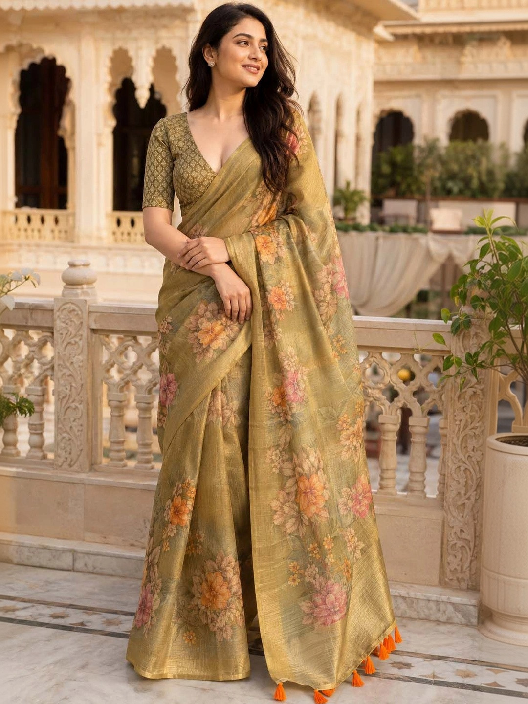 Aadatein Floral Yellow Art Silk Kanjeevaram Saree With Blouse Piece