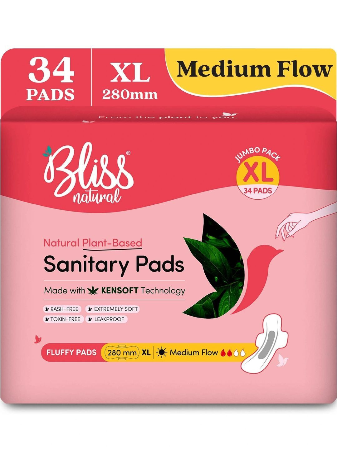 BLISSNATURAL Plant Based Sanitary Pads for Medium Flow - XL - 34 Pcs