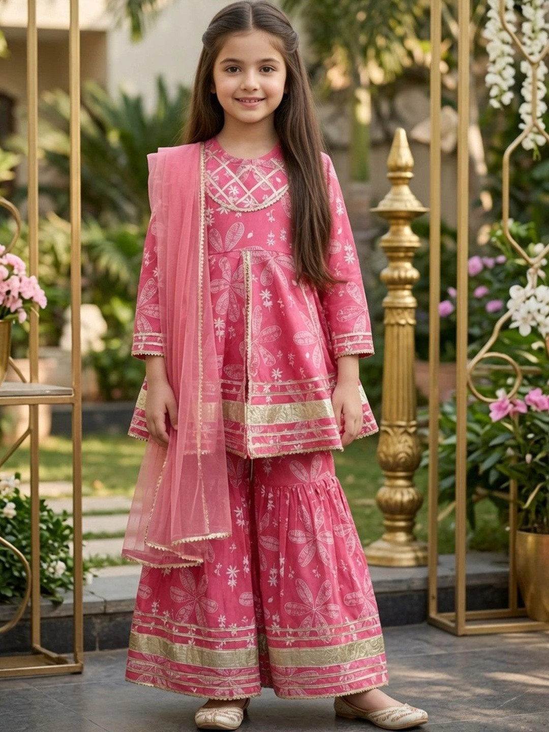 Cutiekins Girls Floral Printed Regular Kurta with Sharara & With Dupatta
