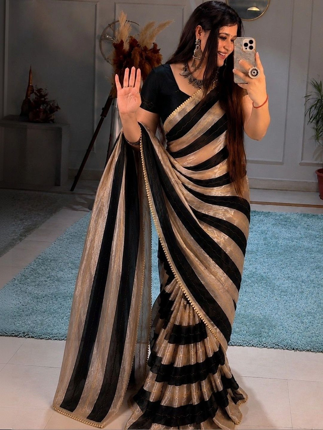 GMIYA Striped Zari Tissue Designer Saree