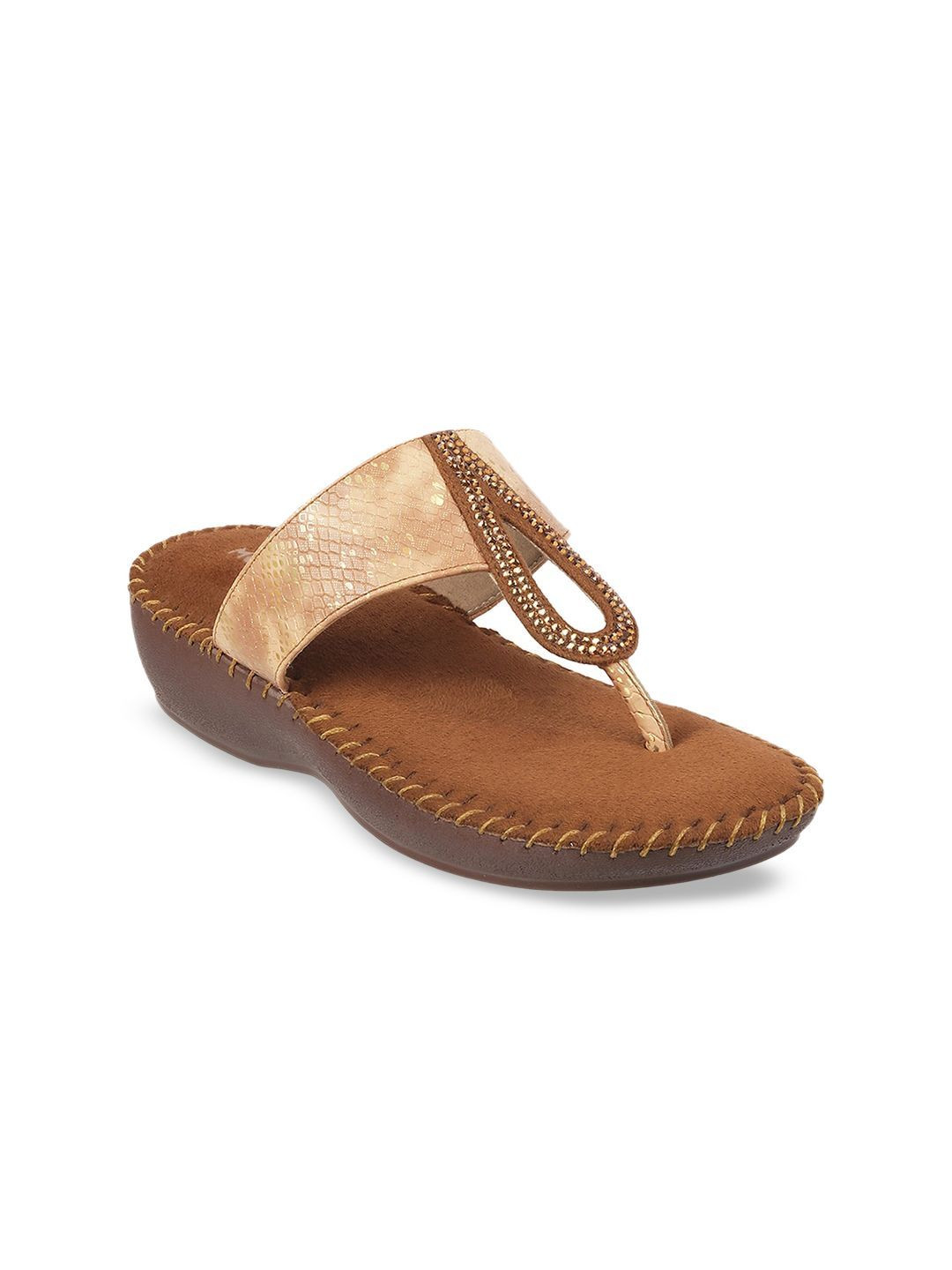 Mochi Womens Brown Embellished Comfort Ethnic T- Strap Flat